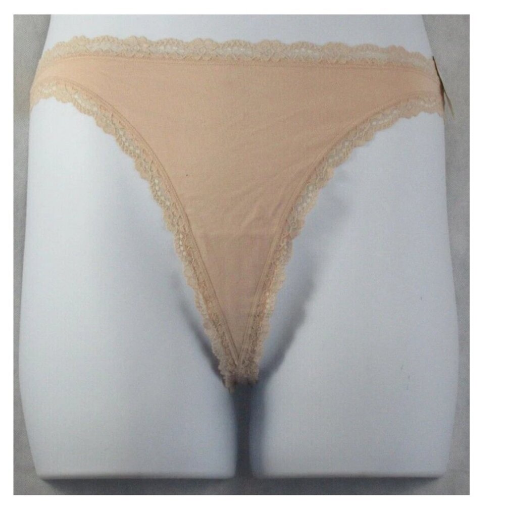 Jenni Women's Cotton Blend Lace-Trim Thong Panty Underwear, Chai Beige, 3XL